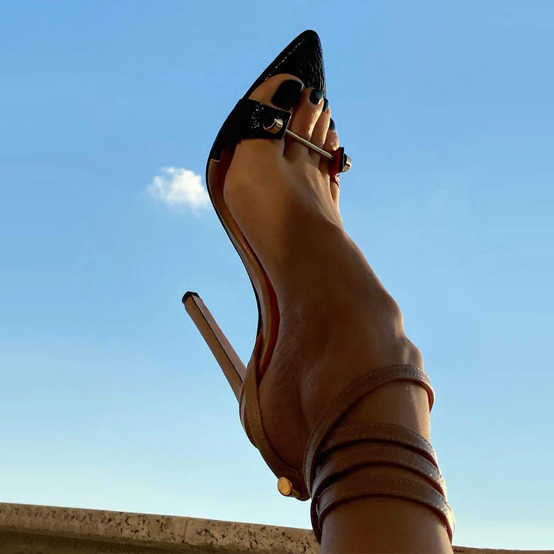 Stylish Contrast Metal Hardware Pointed Toe Ankle Wrap Stiletto Sandals - Nude - Image 4