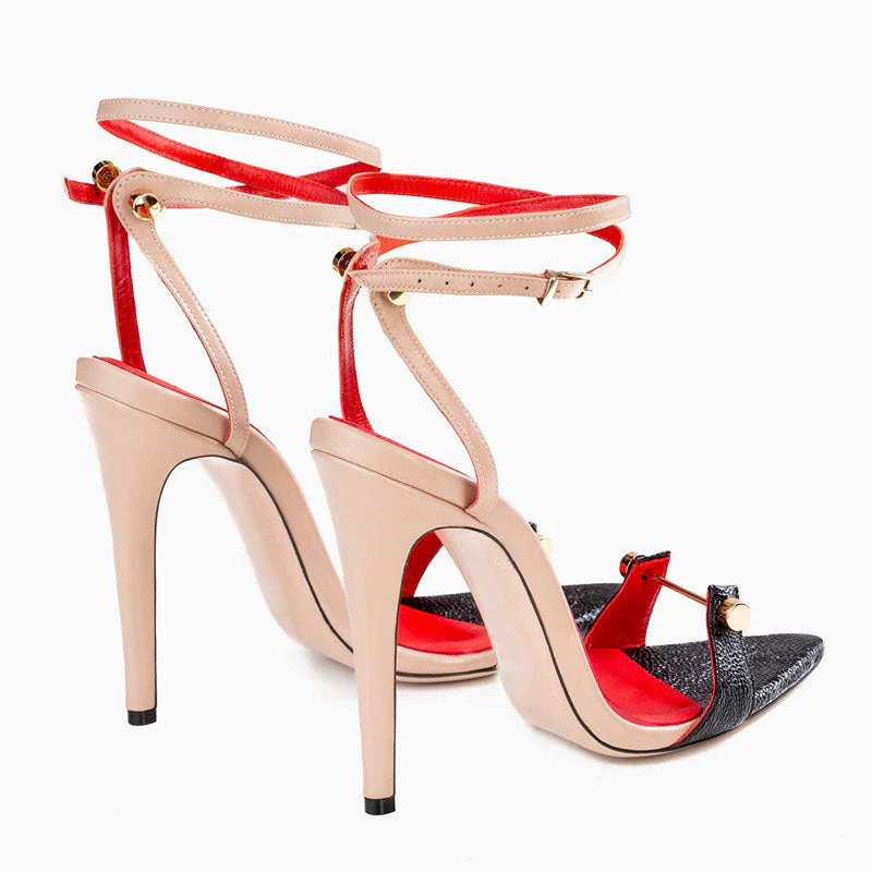 Stylish Contrast Metal Hardware Pointed Toe Ankle Wrap Stiletto Sandals - Nude - Image 6
