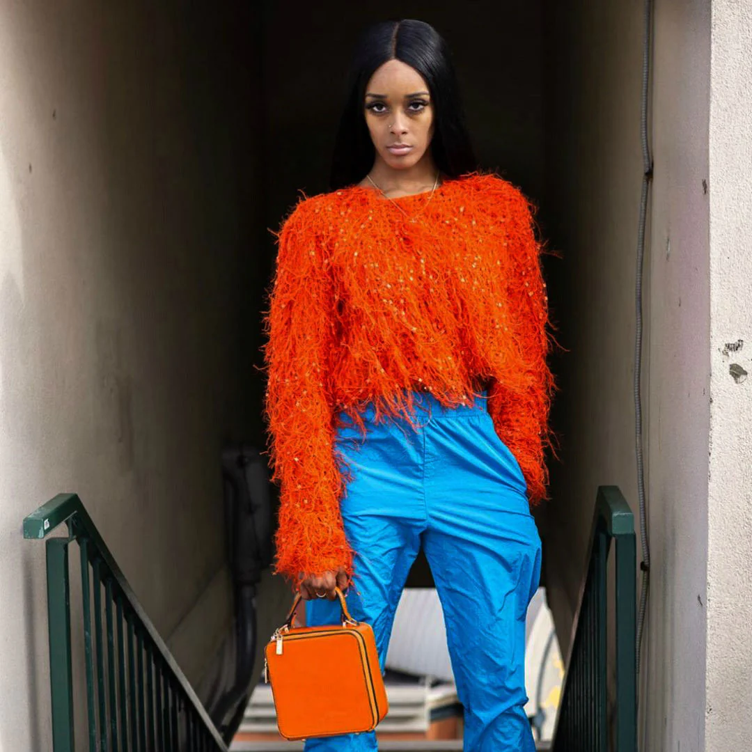 Stylish Crochet Knit Faux Fur Fringe Long Sleeve Cropped Sweater - Red - Image 3