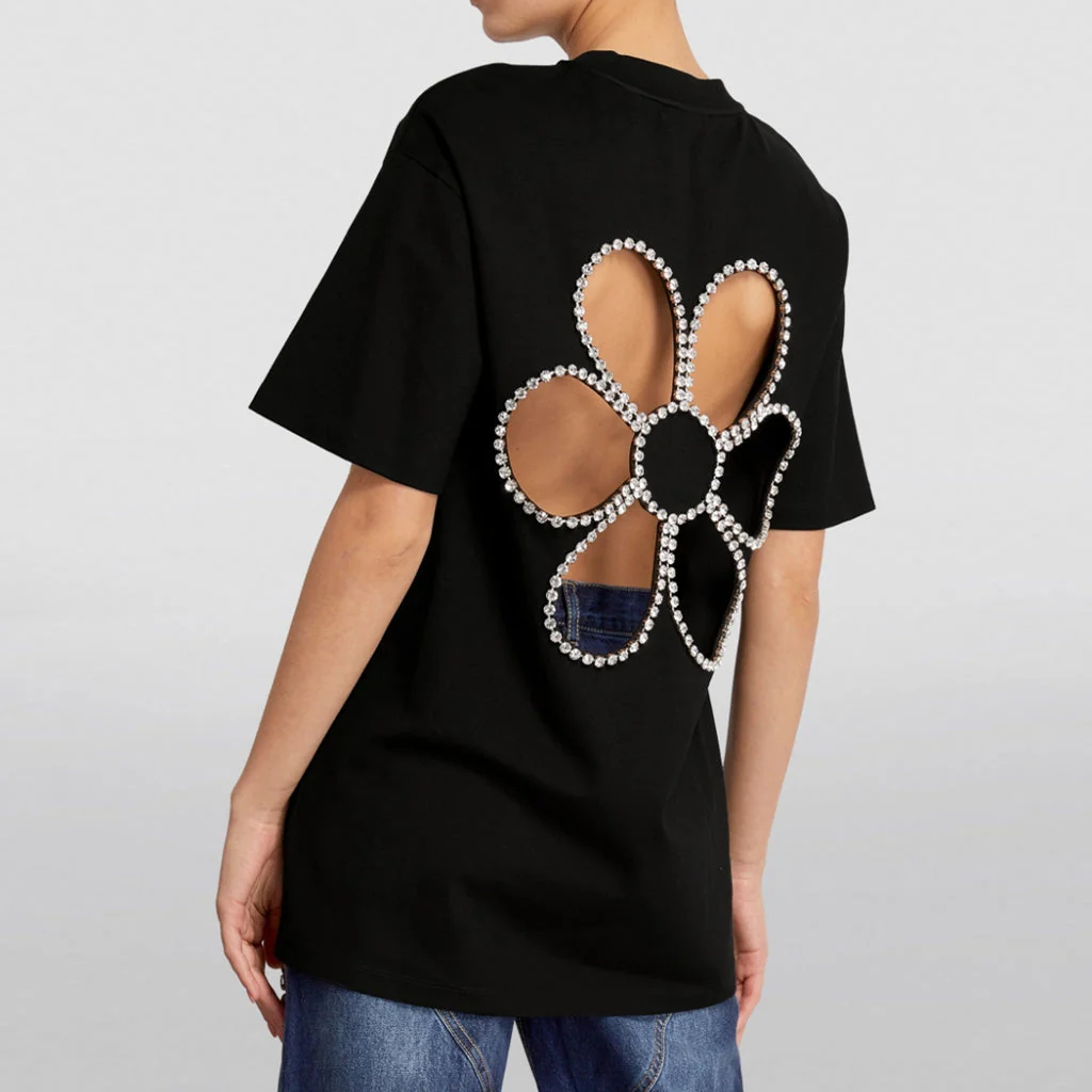 Stylish Crystal Embellished Floral CutOut Short Sleeve Relaxed T Shirt - Image 5