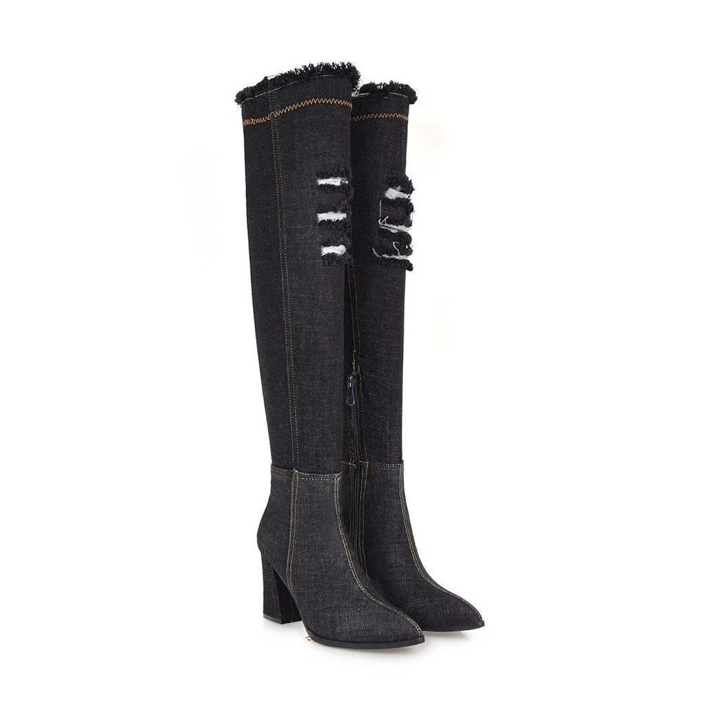 Stylish Distressed Denim Over Knee Pointed Toe Block Heel Boots - Black - Image 2