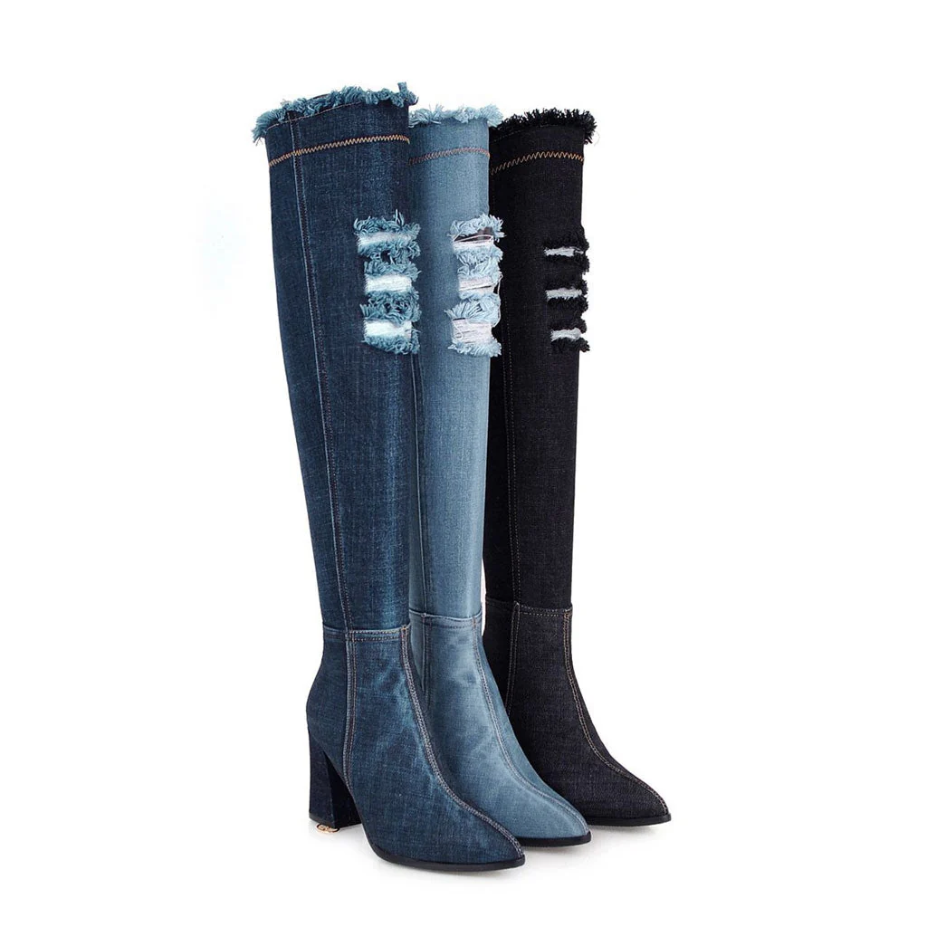Stylish Distressed Denim Over Knee Pointed Toe Block Heel Boots - Black - Image 3