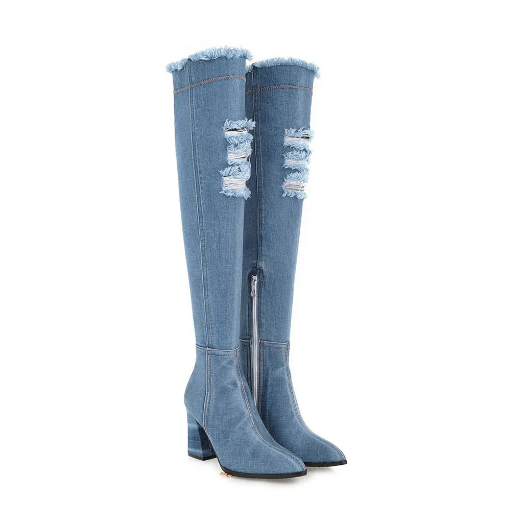 Stylish Distressed Denim Over Knee Pointed Toe Block Heel Boots - Light Blue - Image 2