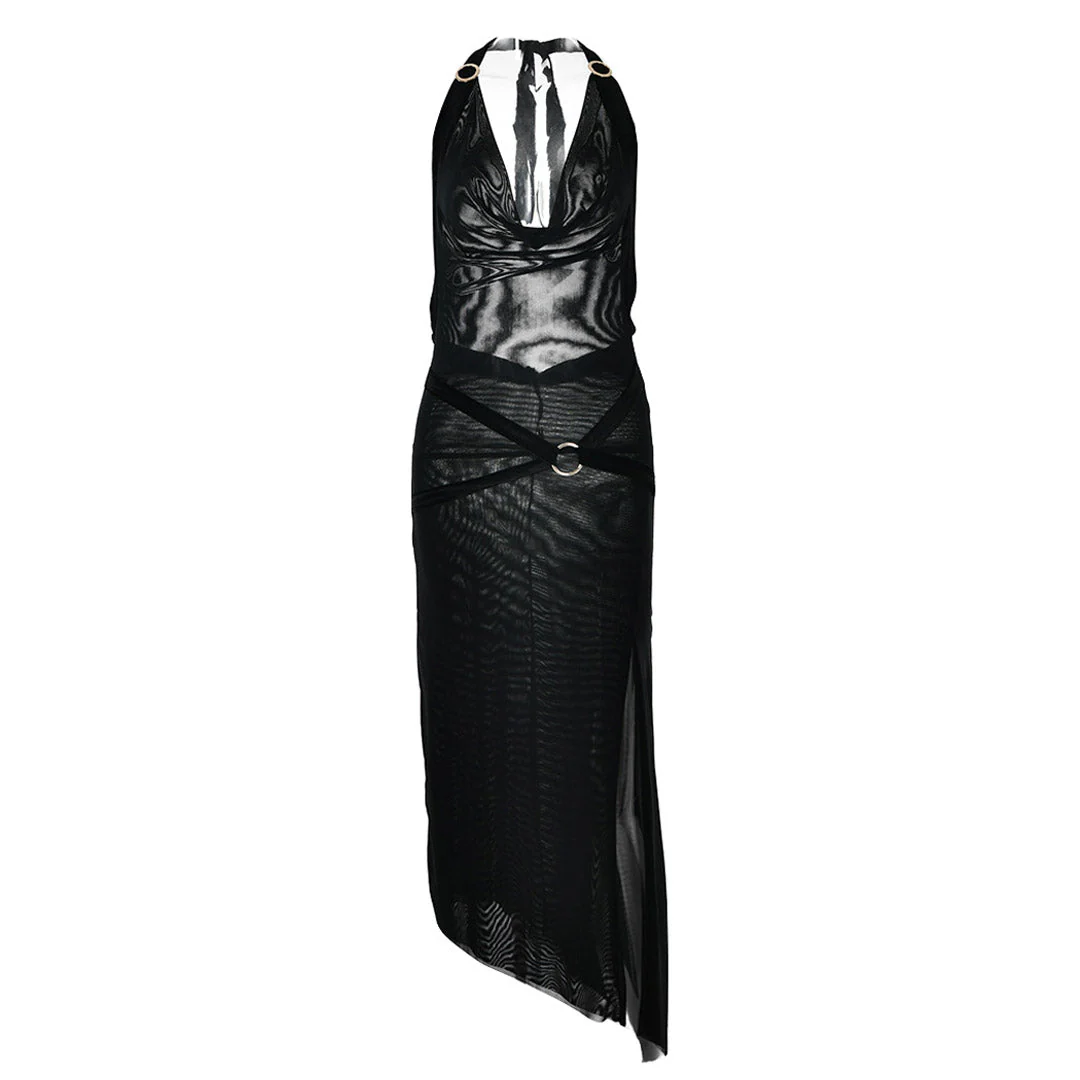 Stylish High Split Sheer Mesh O Ring Halter Cowl Neck Backless Midi Dress - Black - Image 3