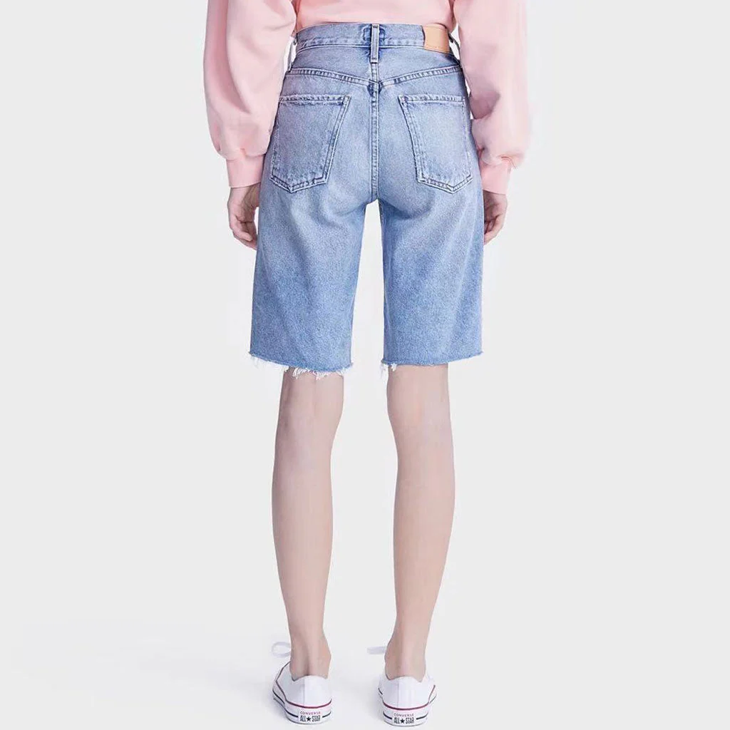 Stylish High Waist Distressed Raw Hem Bermuda Jean Shorts - Light Blue - Image 2