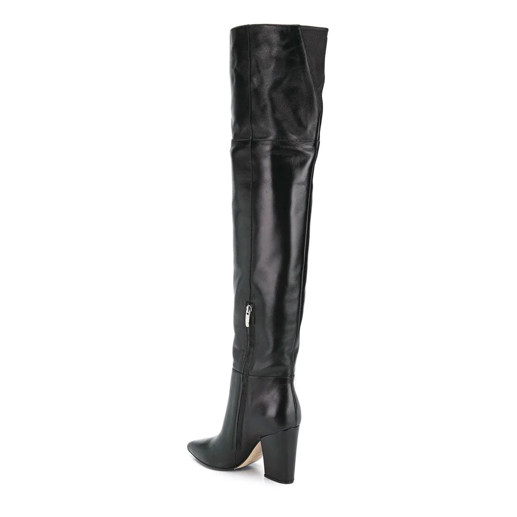 Stylish Pointed Toe Chunky Heeled Faux Leather Over Knee Boots - Black - Image 2