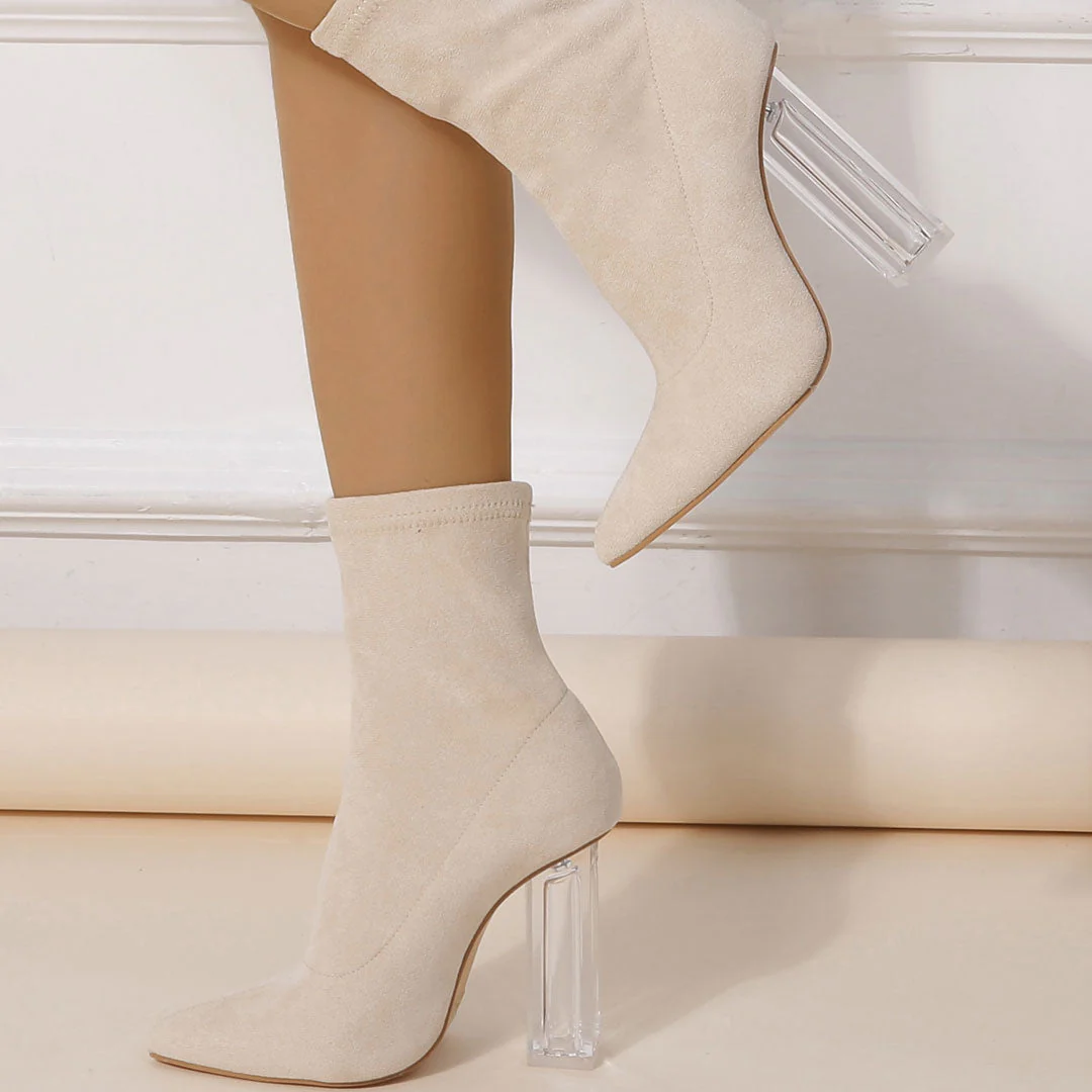 Stylish Pointed Toe Clear Block High Heel Suede Sock Ankle Boots - Apricot - Image 5