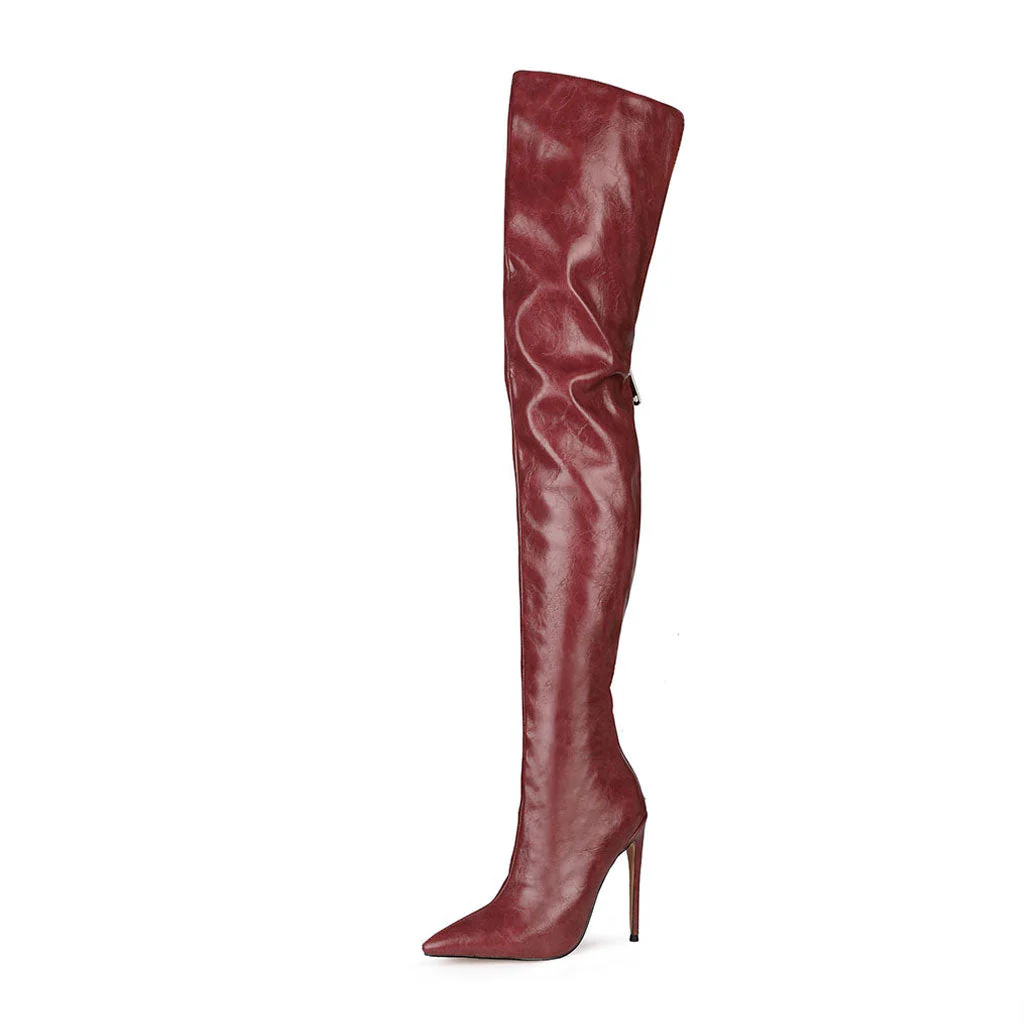 Stylish Pointed Toe Faux Leather Over Knee Stiletto Boots - Burgundy - Image 3