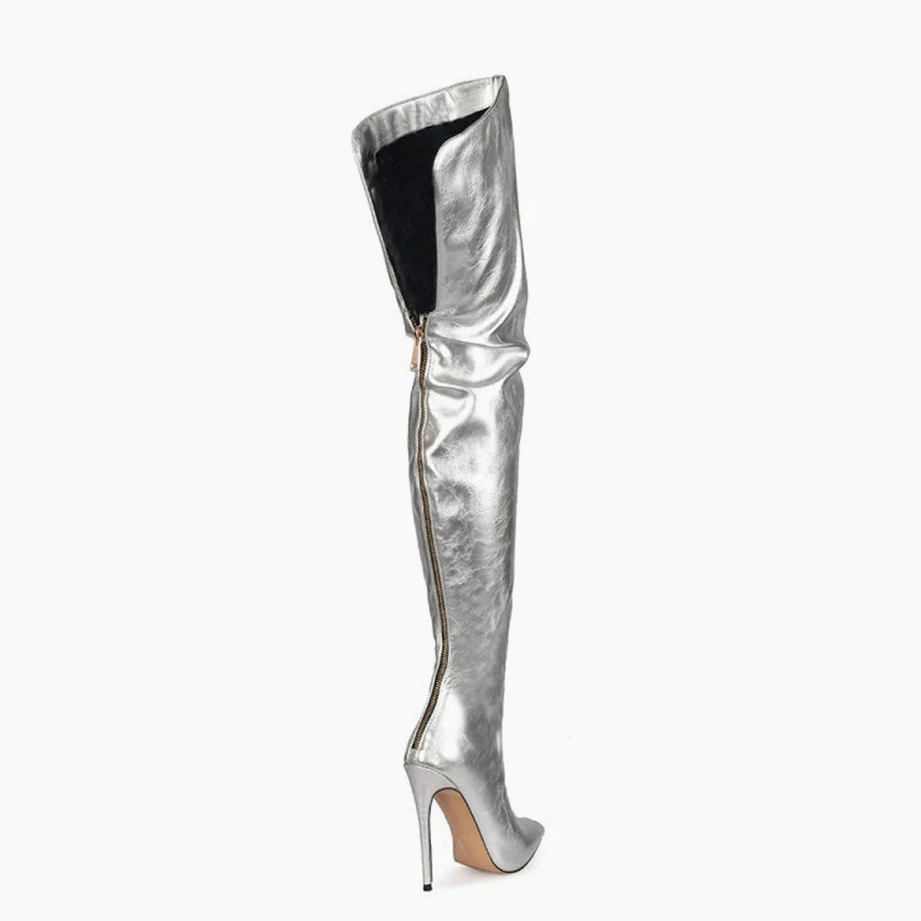 Stylish Pointed Toe Faux Leather Over Knee Stiletto Boots - Silver - Image 3