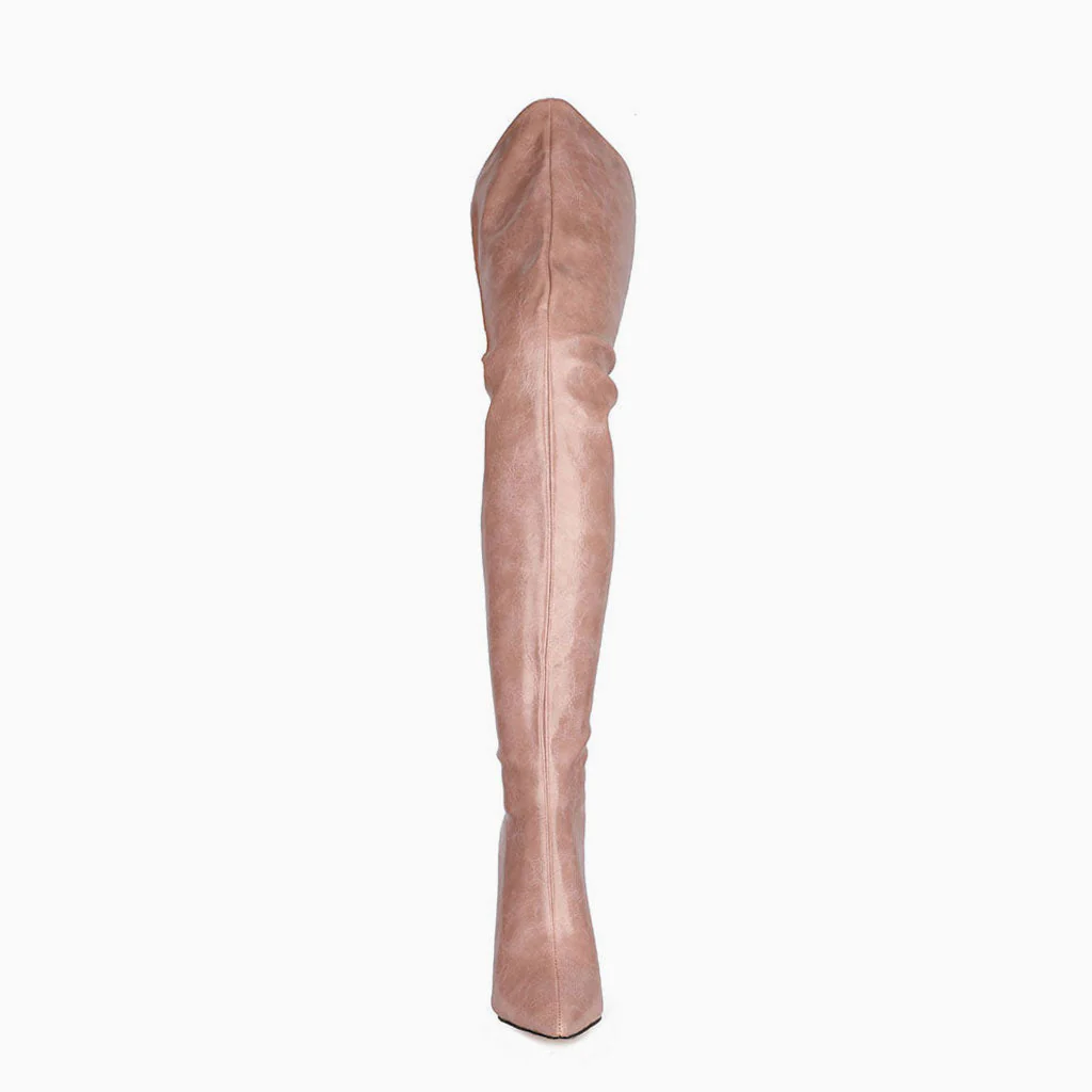 Stylish Pointed Toe Faux Leather Over Knee Stiletto Boots - Taupe Pink - Image 3