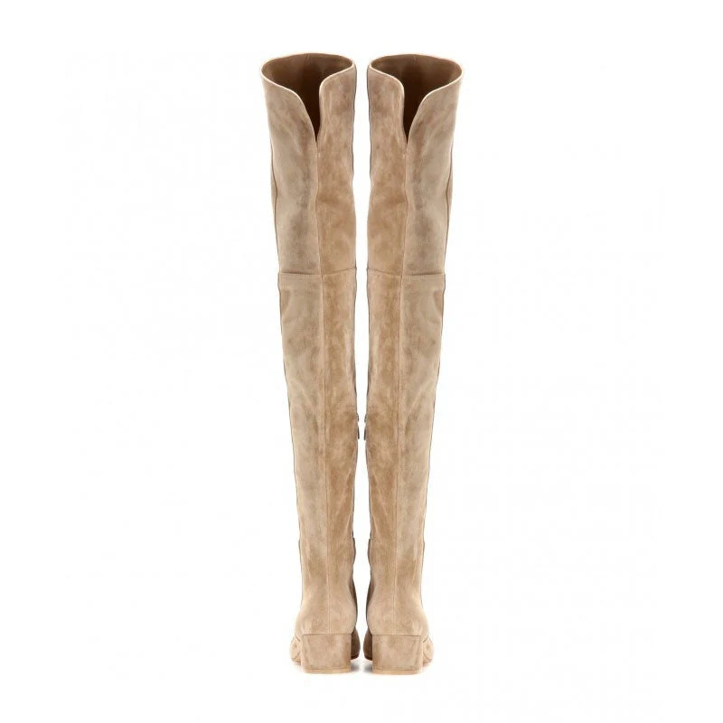 Stylish Round Toe Low Block Heeled Suede Over Knee Boots - Apricot - Image 3