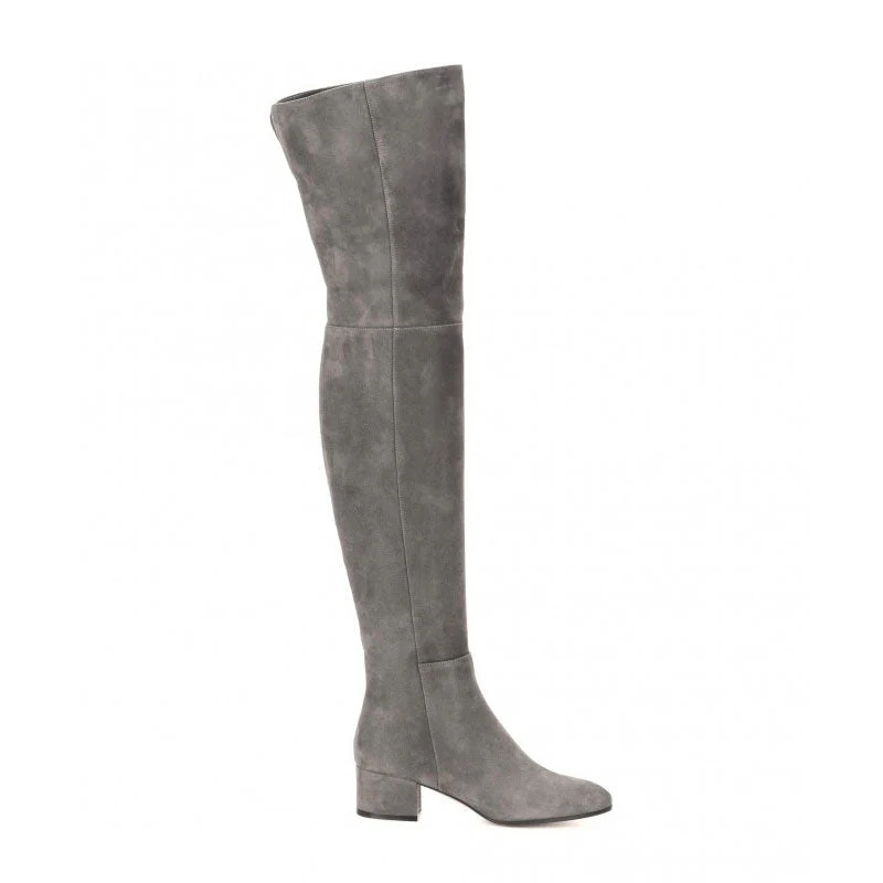 Stylish Round Toe Low Block Heeled Suede Over Knee Boots - Grey - Image 2
