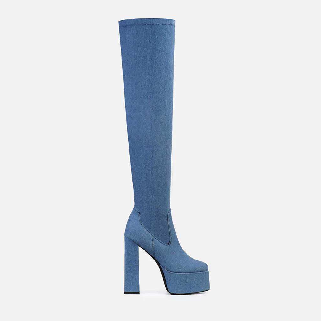 Stylish Square Toe Over Knee Platform Chunky Heeled Boots - Denim Blue - Image 2