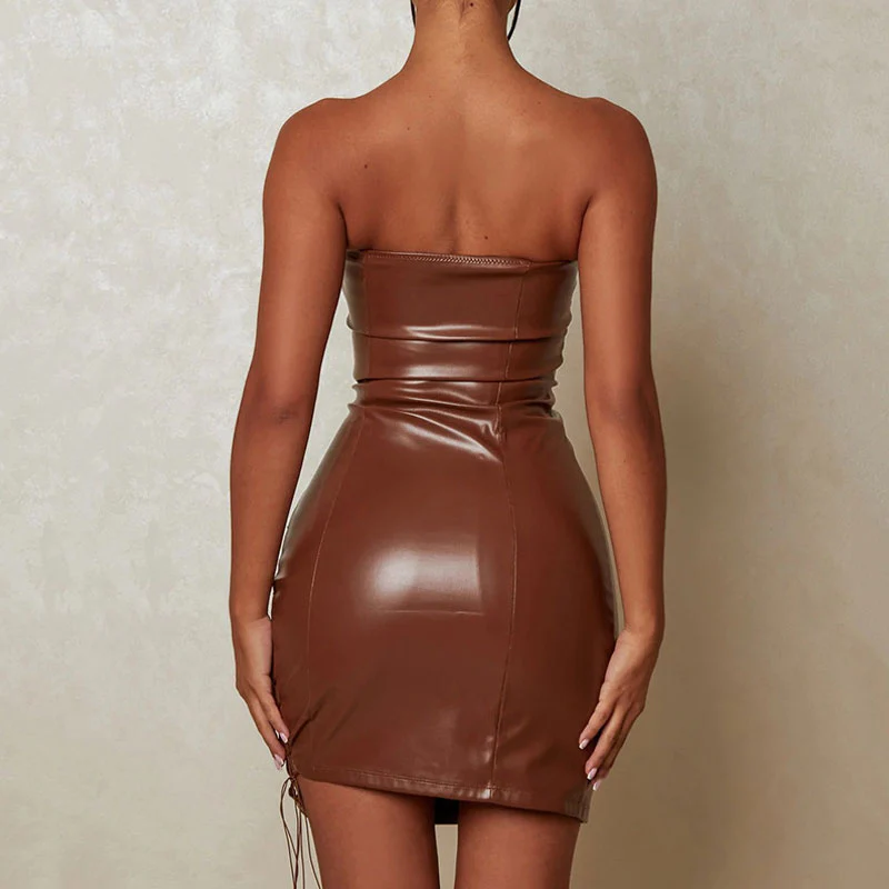 Sultry Faux Leather Strapless Lace Up Cut Out Bodycon Club Mini Dress - Brown - Image 3