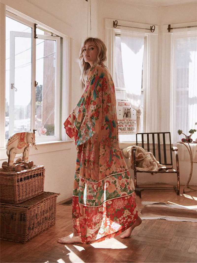 Nightwear Chiffon Floral Print Pink Color Long Length Gown Kimono Duster Robe - Image 3