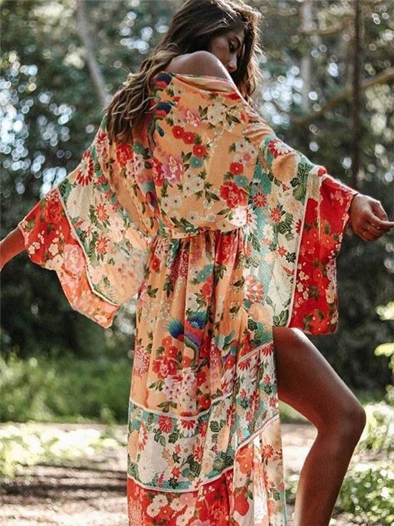 Nightwear Chiffon Floral Print Pink Color Long Length Gown Kimono Duster Robe - Image 4