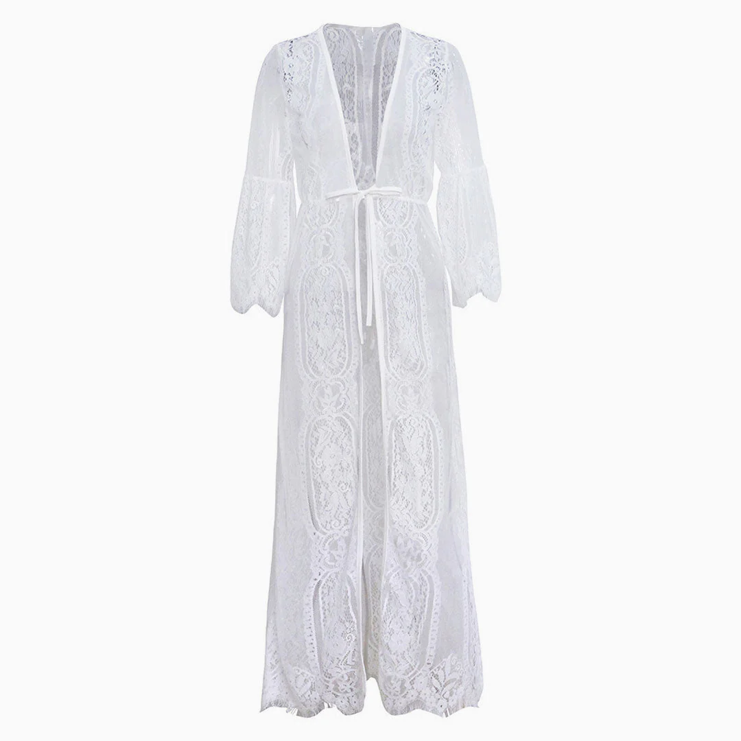 Sweet Eyelash Lace Half Sleeve Tie Front Maxi Cover Up - White - Image 3