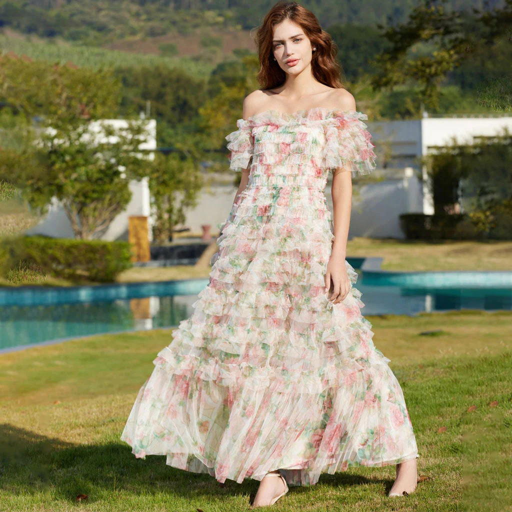 Sweet Floral Print Off Shoulder Short Sleeve Ruffle Tier Layered Tulle Maxi Dress - Image 3