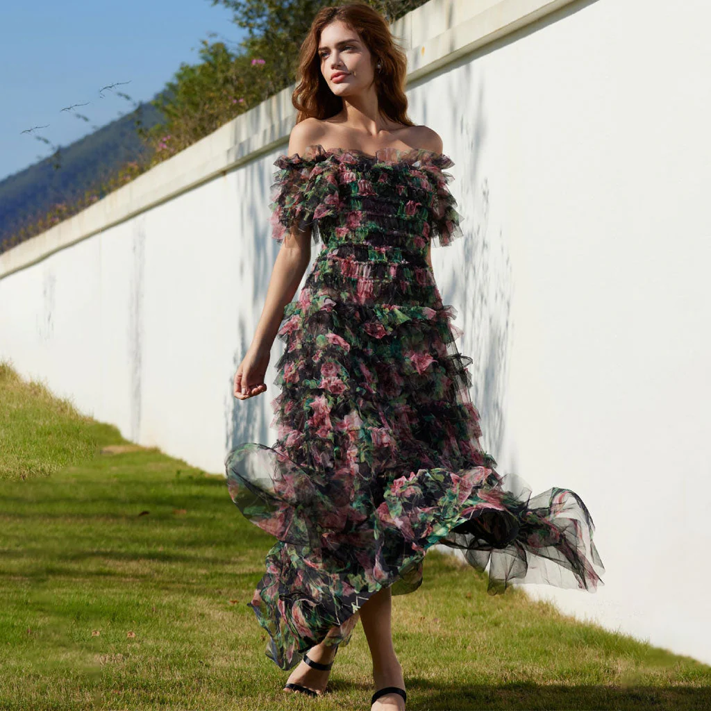 Sweet Floral Print Off Shoulder Short Sleeve Ruffle Tier Layered Tulle Maxi Dress - Image 5