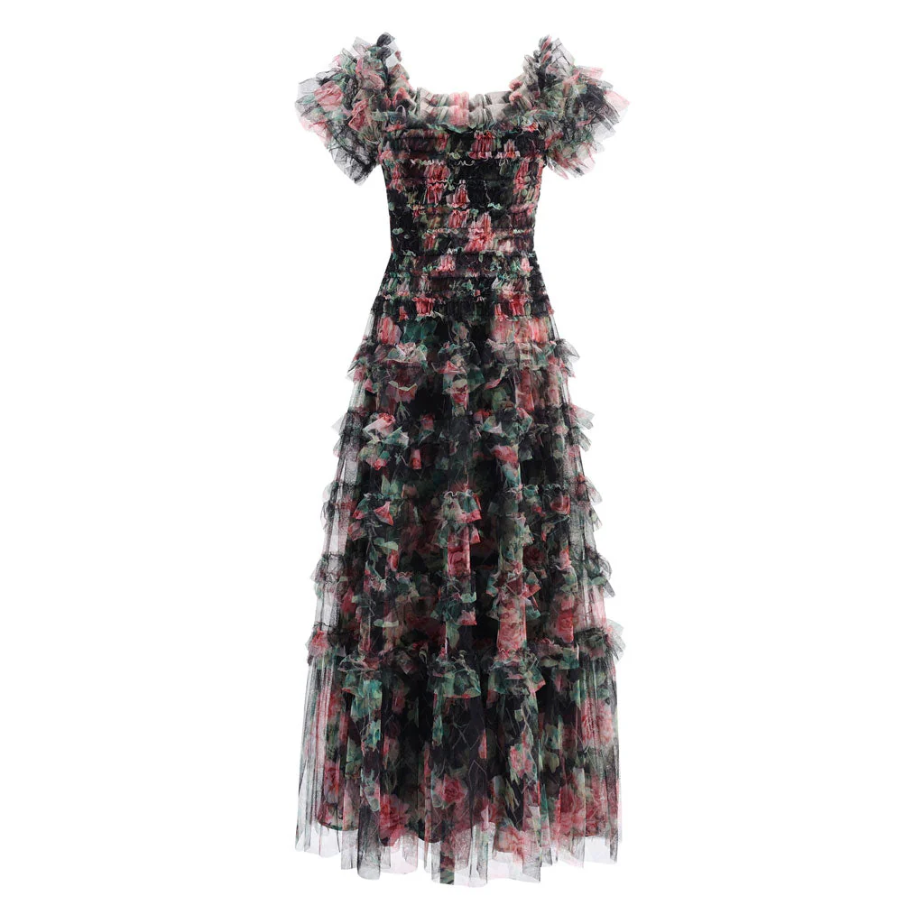 Sweet Floral Print Off Shoulder Short Sleeve Ruffle Tier Layered Tulle Maxi Dress - Image 8
