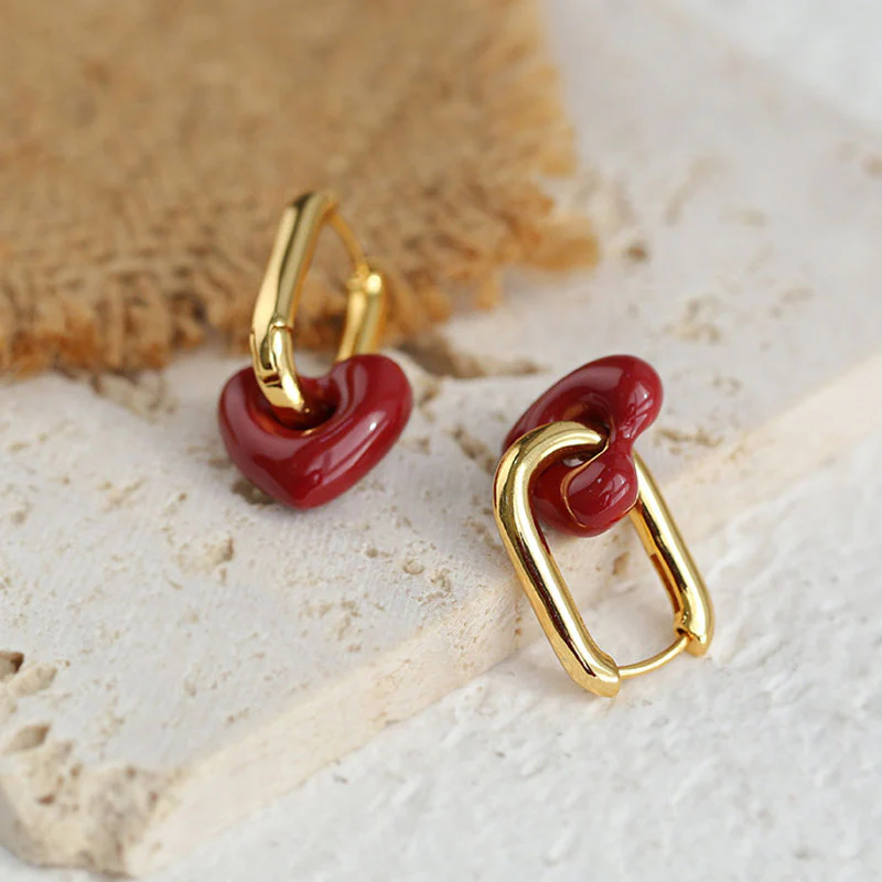 Sweet Heart 18K Gold Plated Link Valentine Enamel Hollow Hoop Earrings - Image 2