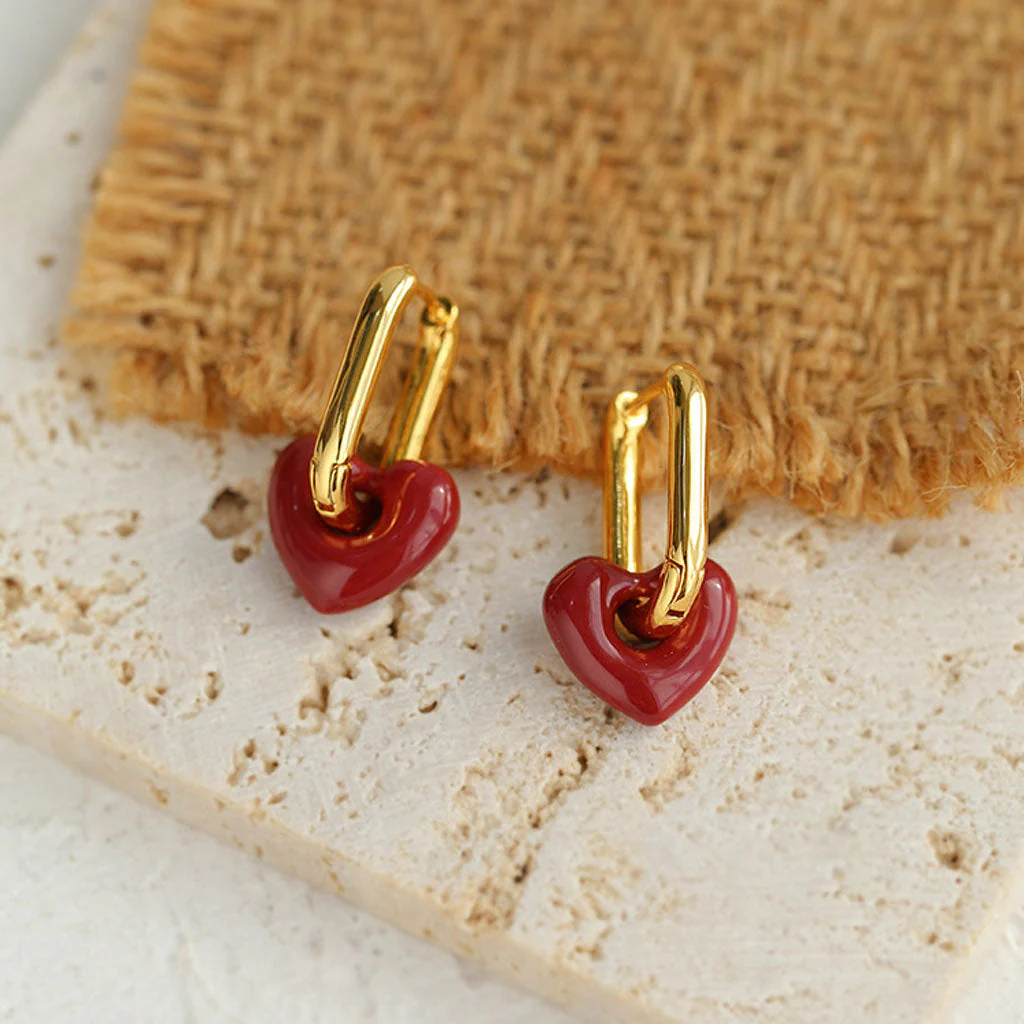 Sweet Heart 18K Gold Plated Link Valentine Enamel Hollow Hoop Earrings - Image 3