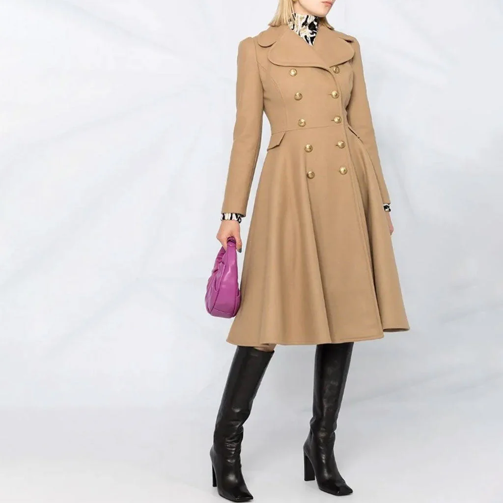 Sweet Notched Lapel Double Breasted Fit and Flare Long Sleeve Wool Blend Coat - Image 3
