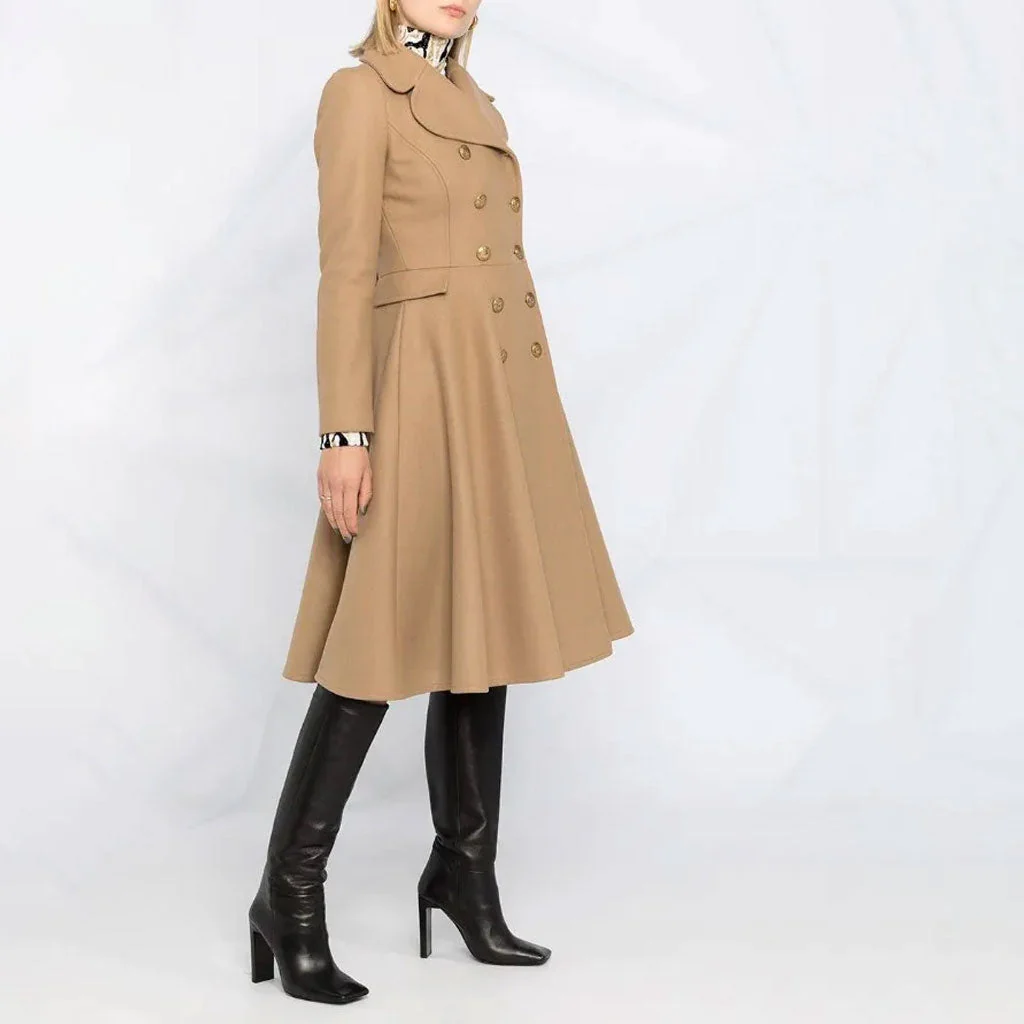 Sweet Notched Lapel Double Breasted Fit and Flare Long Sleeve Wool Blend Coat - Image 4
