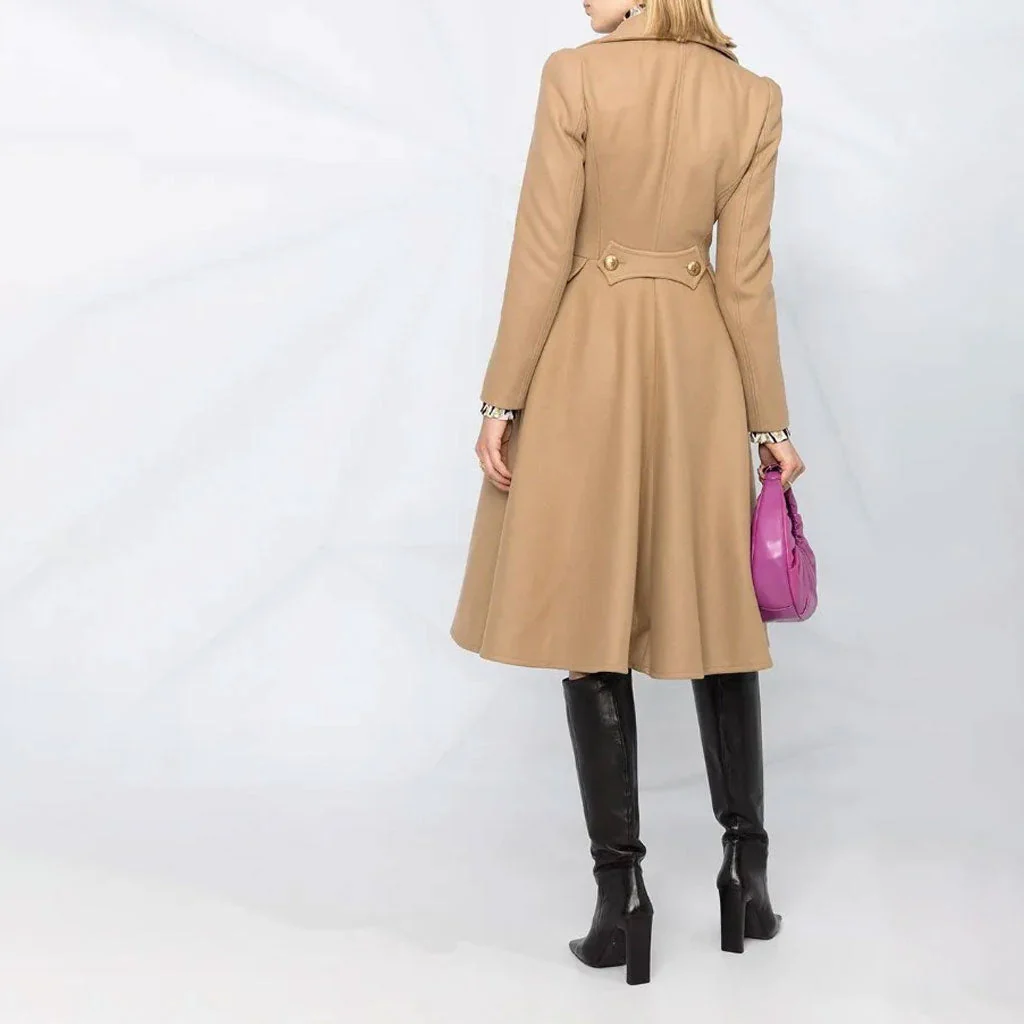 Sweet Notched Lapel Double Breasted Fit and Flare Long Sleeve Wool Blend Coat - Image 5