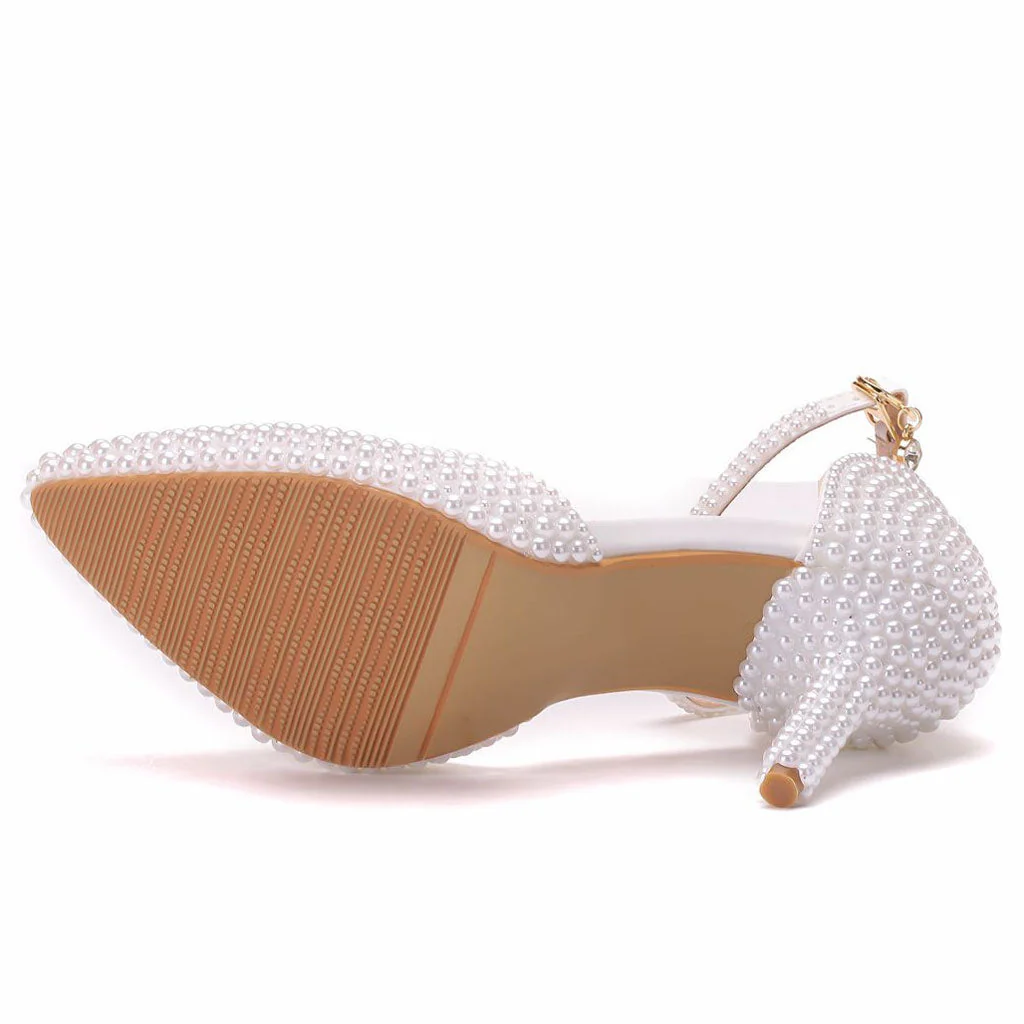 Sweet Pearl Embellished Pointed Toe Ankle Strap Stiletto Pumps - White - Image 3
