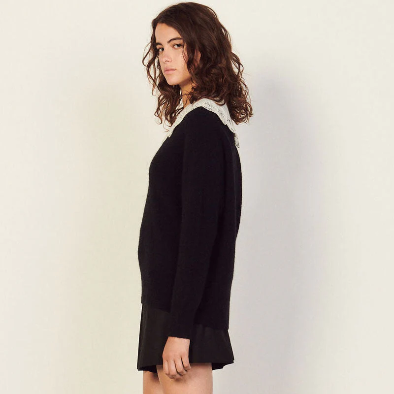 Sweet Peter Pan Collar Deep V Long Sleeve Pullover Sweater - Black - Image 2