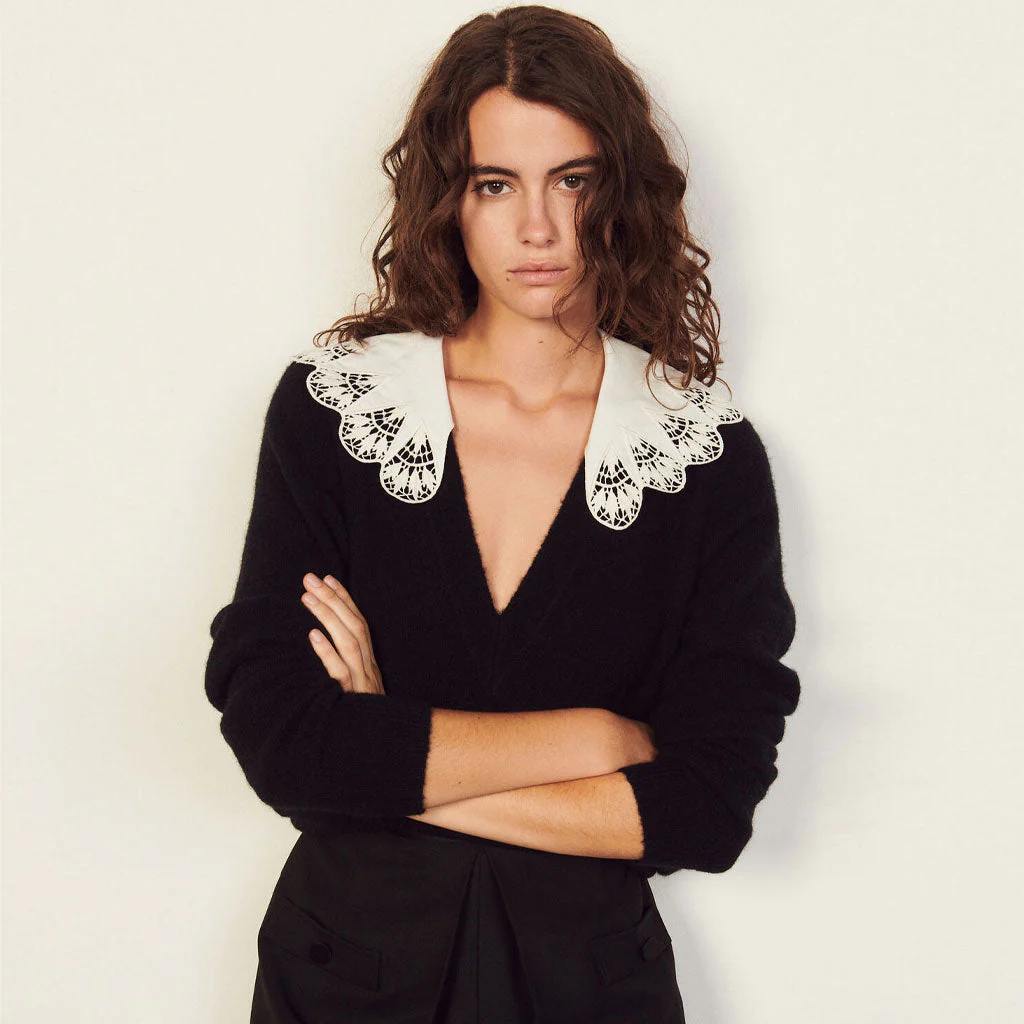 Sweet Peter Pan Collar Deep V Long Sleeve Pullover Sweater - Black - Image 4