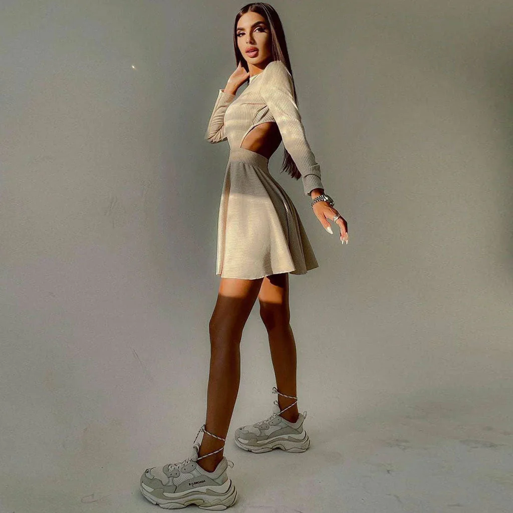 Sweet Rib Knit Cut Out Back Long Sleeve Skater Mini Dress - Apricot - Image 3