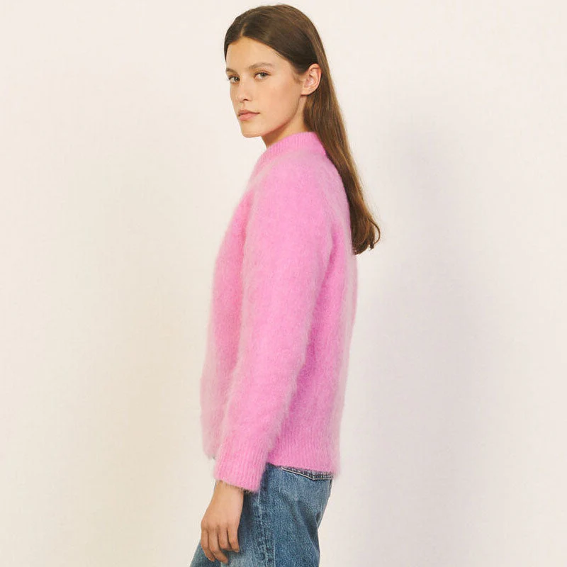 Sweet Round Neck Long Sleeve Mohair Knit Pullover Sweater - Hot Pink - Image 2