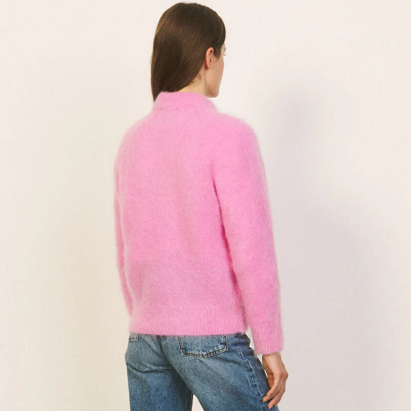 Sweet Round Neck Long Sleeve Mohair Knit Pullover Sweater - Hot Pink - Image 3