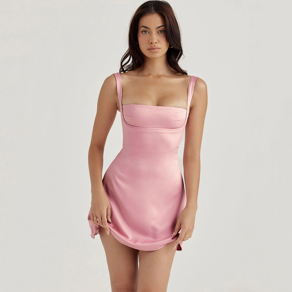 Sweet Square Neck Suspender Strap Satin Mini Dress - Pink - Image 3