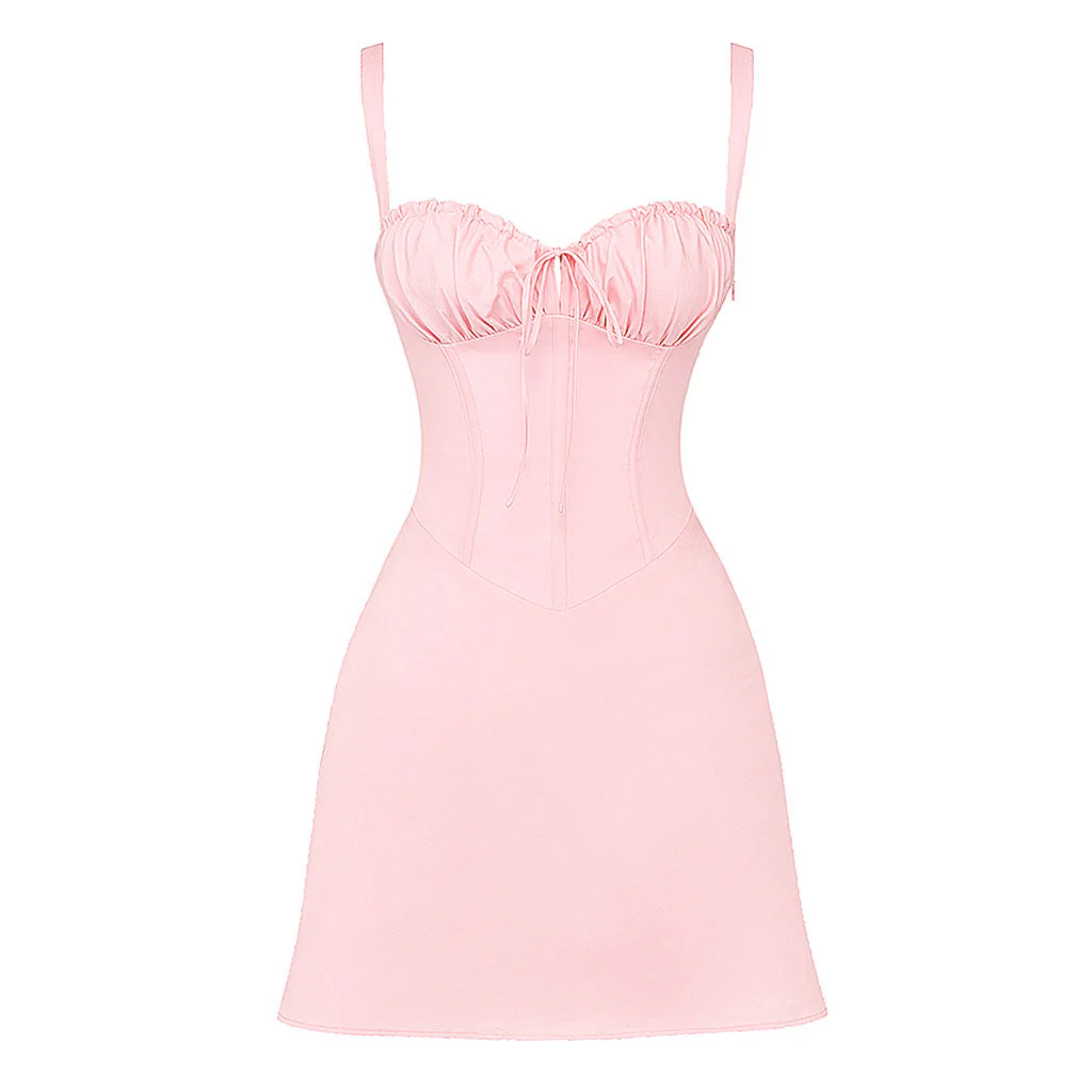 Sweet Tie Front Ruched Corset Suspender Strap Lace Up Mini SunDress - Image 5