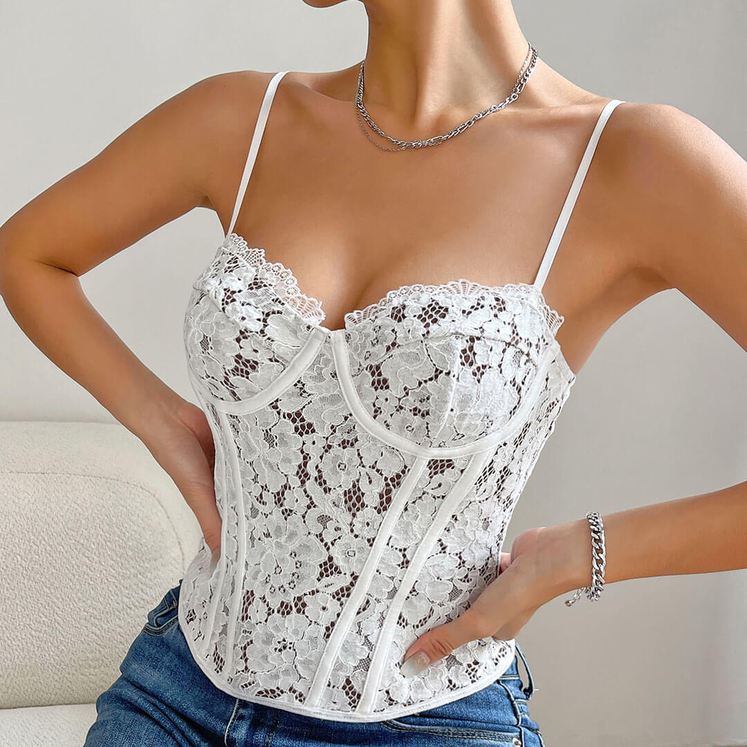 Sweet Underwire Sweetheart Sleeveless Sheer Lace Corset Top - White - Image 2