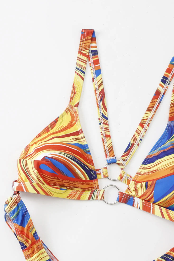 Yellow Multi Print O-Ring Hollow Out Backless Monokini - Image 4