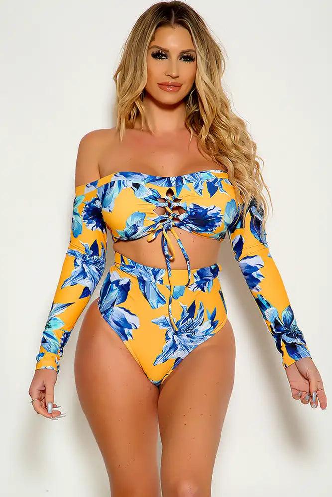 Yellow Floral Long Sleeve Off The Shoulder Lace Up Tow Piece Swimsuit