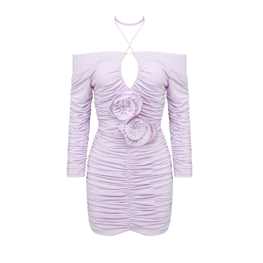 Swirling Rosette Applique CutOut Halter Ruched Bodycon Mini Party Dress - Image 3