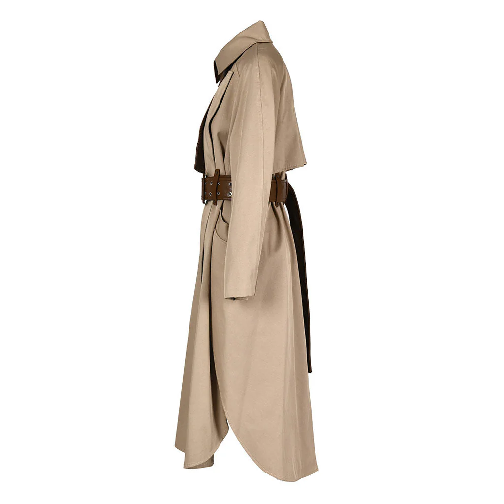 Tasteful Scarf Collared Long Sleeve Belted Cargo Pocket Leather Hybrid Trench Coat - Image 2