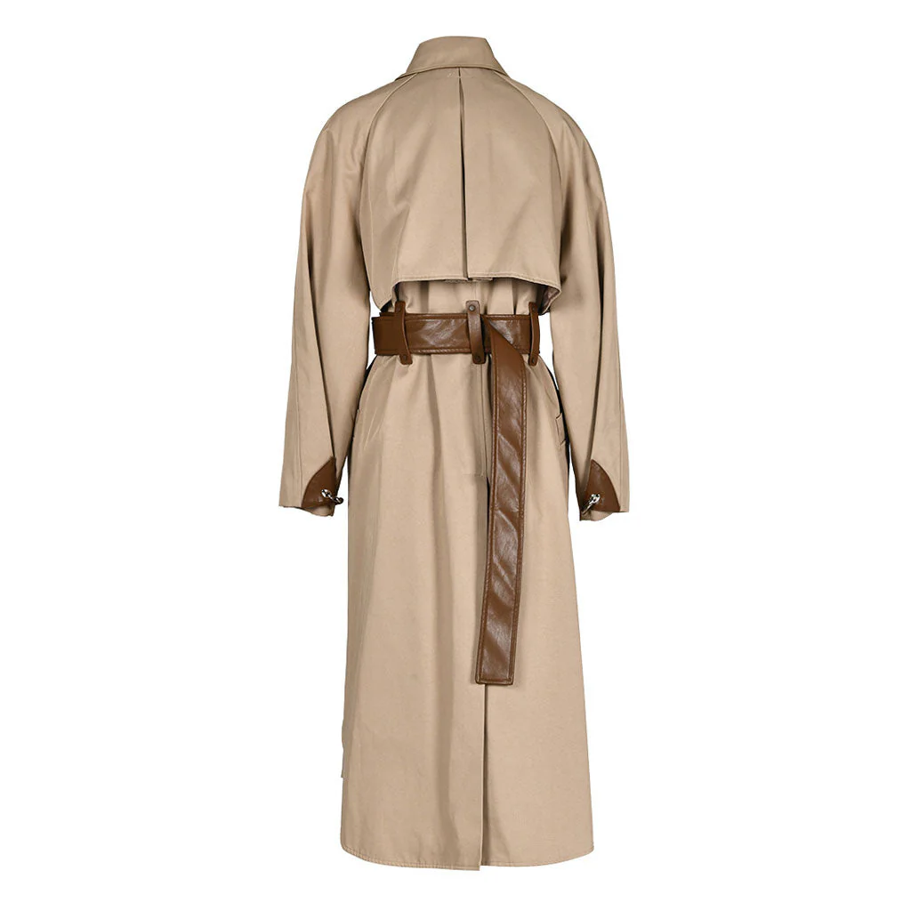 Tasteful Scarf Collared Long Sleeve Belted Cargo Pocket Leather Hybrid Trench Coat - Image 3
