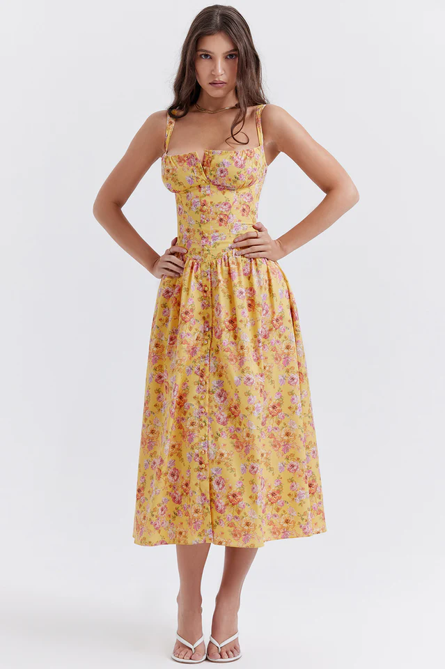 Tatiana Yellow Floral Print Midi Dress - Image 3