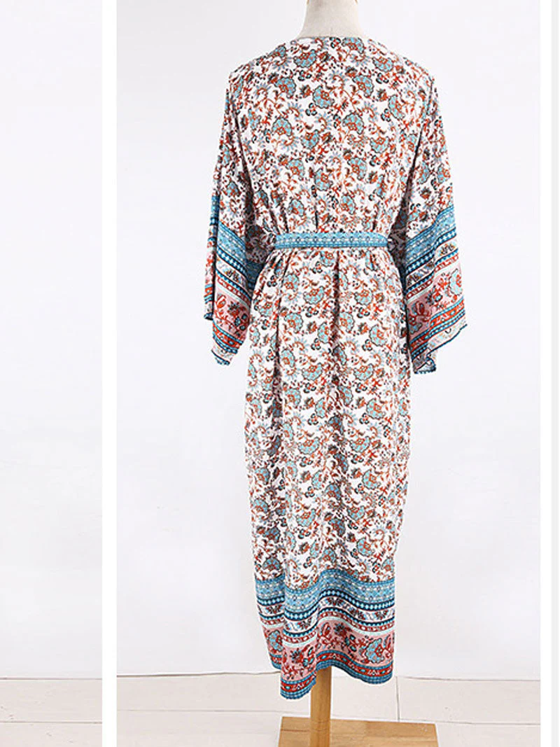 Long Floral Print Blue Color Cotton Long Length Gown Kimono Duster Robe - Image 4