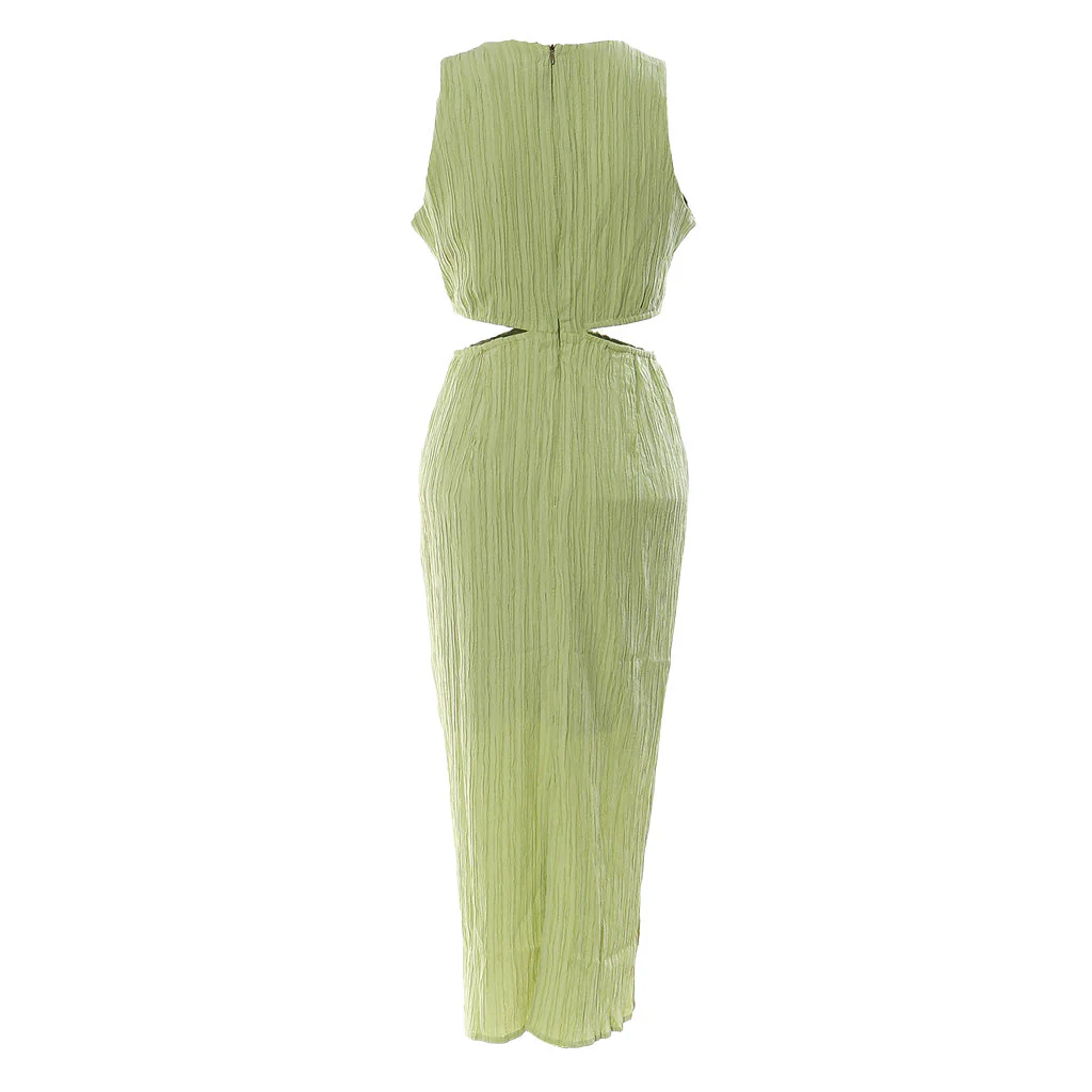 Textured Round Neck Knotted Front Side CutOut Slit Sleeveless Midi Dress - Image 2