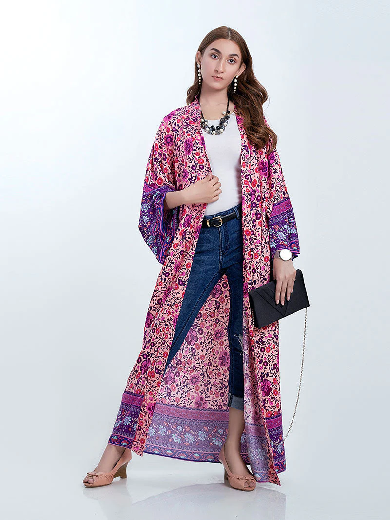 Bridal Wear Long Length Floral Print Purple Color Cotton Gown Kimono Robe - Image 3