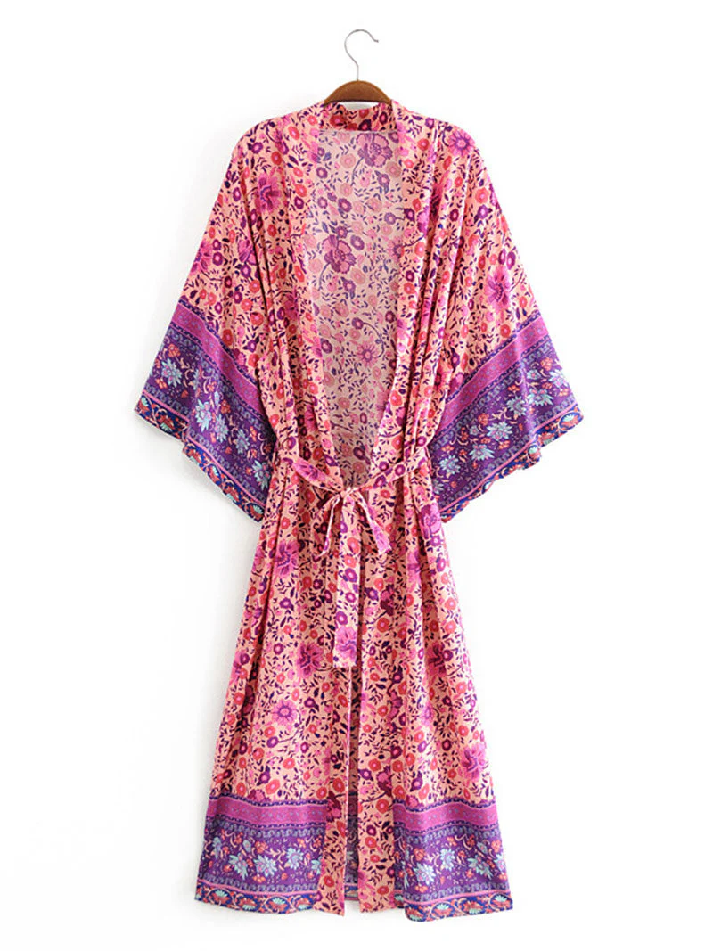 Bridal Wear Long Length Floral Print Purple Color Cotton Gown Kimono Robe - Image 7