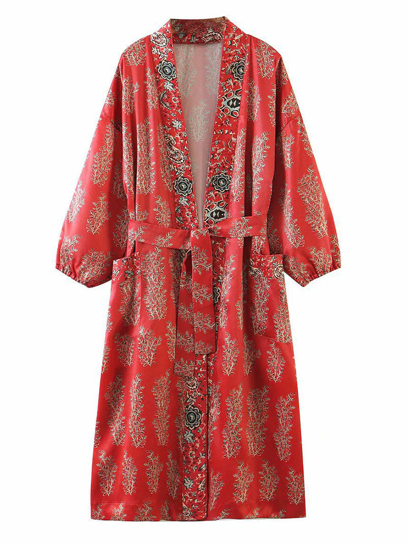 Partywear Floral Print Red Color Polyester Long Length Gown Kimono Duster Robe - Image 2