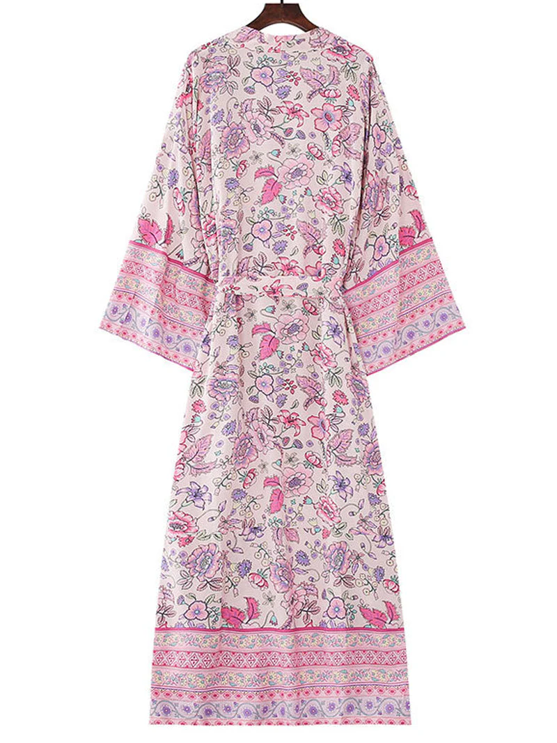 Beachwear Cotton Floral Print Pink Color Long Length Gown Kimono Duster Robe - Image 2